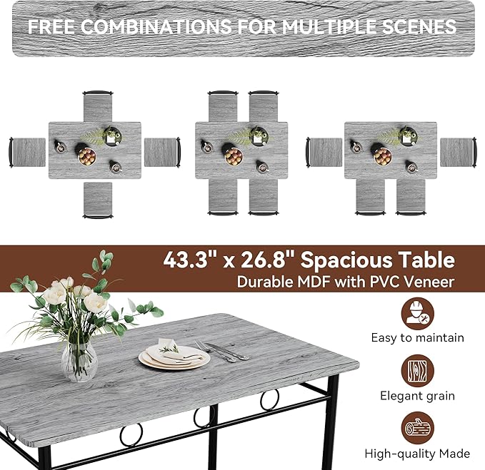 Kitchen Dining Table Set for 4, 5-Piece Kitchen Table Set,Dining Room Table Sets,Rectangular Kitchen Table Set with 4 Chairs for Small Space, Dinette,Apartment,Rustic Grey