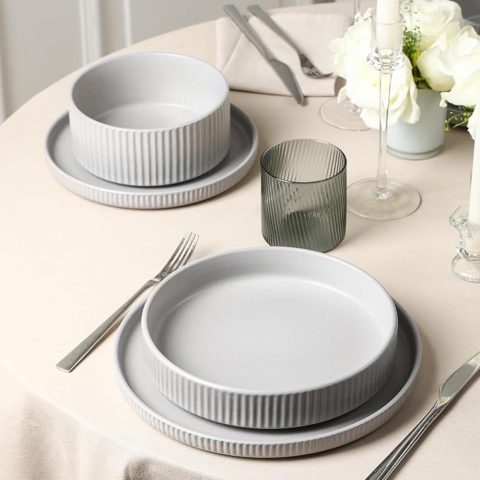 Stone Lain Haven Stoneware 32-Piece Dinnerware Set, Plates and Bowls Sets for 8, Grey Dish Set, Includes Dinner and Salad Plates, Cereal Bowls, Glassware, Microwave & Dishwasher Safe