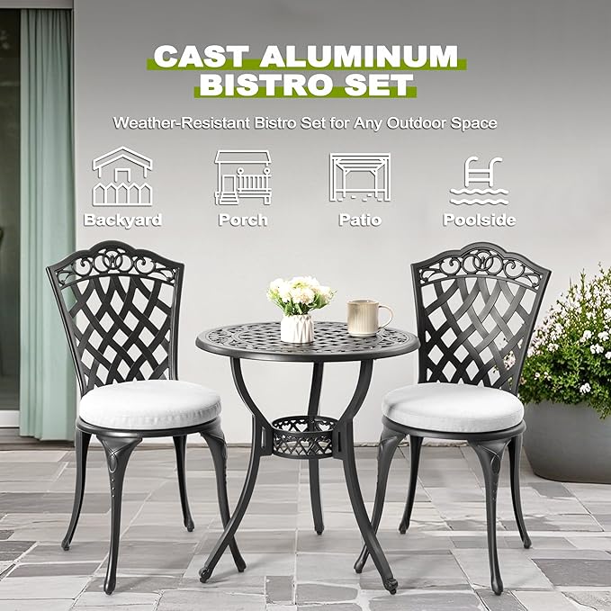 NUU GARDEN Outdoor Cast Aluminum Bistro Set, 3-Piece Patio Bistro Set with Table and 2 Chairs, Weather-Resistant Furniture with Gray Cushions and Umbrella Hole for Balcony, Garden, Lawn, Black