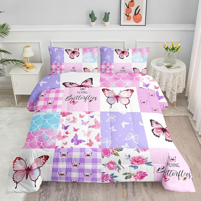Kids Comforter Set Mermaid Scale Butterfly Printed Pattern Bedding Set with 1 Comforter and 2 Pillowcases for Girls Boys Bedroom All Season(Mermaid1 Twin)
