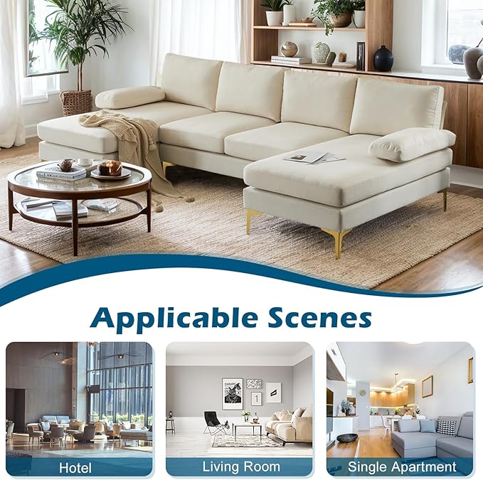 VINGLI 110" Modern U Shaped Sectional Couch with 51"D Double Chaise for Living Room, Beige Deep Seat Sectional Sofa Sets with 5.9" Thickness Seating Padding for Home Furniture,Linen Fabric,Metal Legs