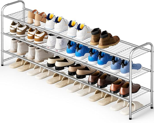 KEETDY 3-Tier Long Shoe Rack for Closet Metal Shoe Organizer for Entryway, Wide Stackable Shoe Storage Shelf with Sturdy Wire Grid for Closet Floor, Bedroom, Grey…