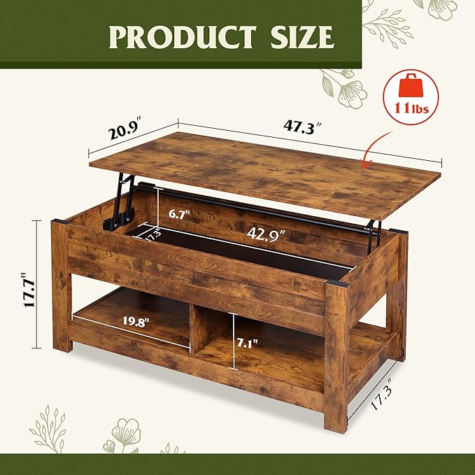 WLIVE Coffee Table, 47" Lift Top Coffee Table with HiddenCompartment and 2 Storage Shelves for Living Room, RusticBrown