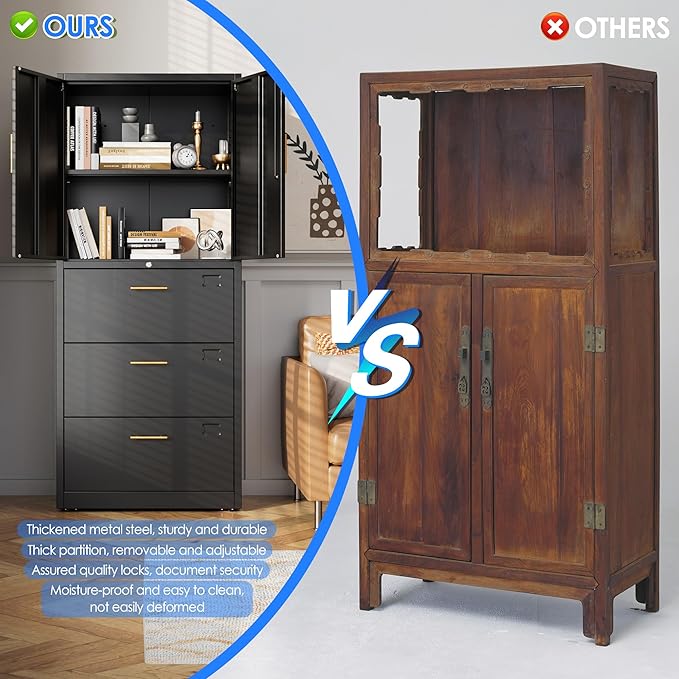 3 Drawer Lateral File Cabinet with Lock, Metal Filing Storage Cabinet with Locking Doors and Adjustable Shelf for Home, Office, School, Fits A4/Letter/Legal Size Folders, Assembly Required