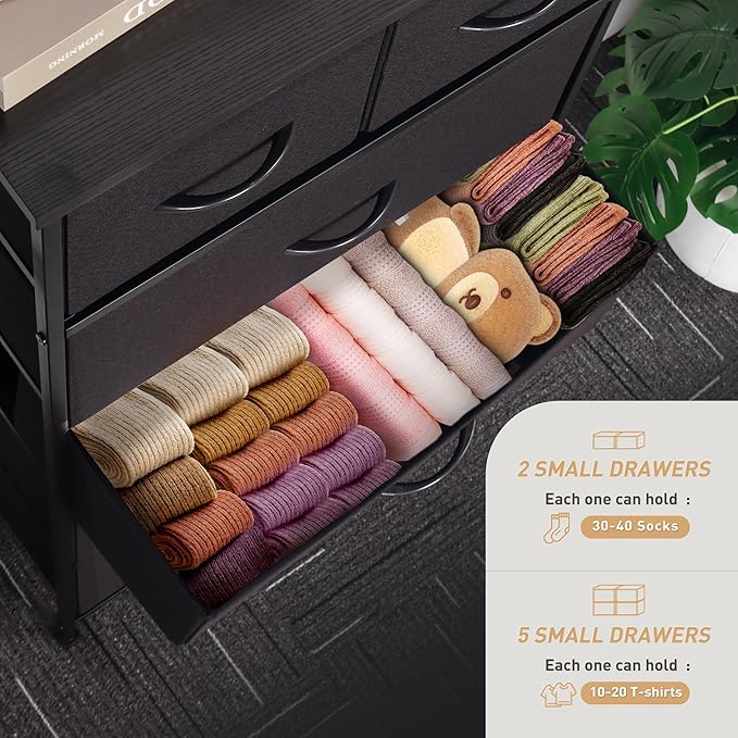 Tall Dresser for Bedroom, Vertical Storage Organizer Tower with 7 Drawers, Chest of Drawers with Fabric Bins, Steel Frame, Wood Top for Bedroom, Closet, Entryway- Black