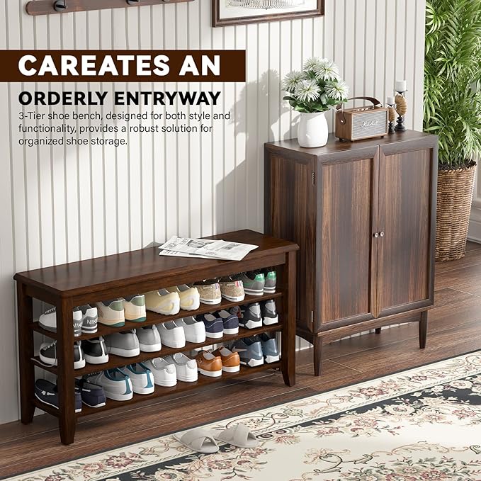 Shoe Bench Storage Rubberwood, Entryway Bench with 3-Tiers Height Adjustable, Shoe Rack Front Door Entrance Organizer for Hallway Living Room, Mudrooms, Walnut,31.5"