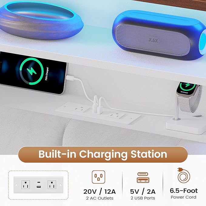 AOGLLATI Queen Bed Frame with Stylish Bookcase Headboard & Charging Station & LED Lights,Queen Size Bed Frame with 4 Drawers, Metal Slats, No Box Spring Needed,White