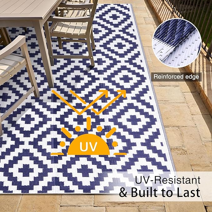 OLANLY Waterproof Outdoor Rug 4x6 ft, Outdoor Plastic Straw Rug for Camping, RV Mat Outside, Indoor Outdoor Carpet for Porch, Deck, Backyard, Balcony, Picnic, Navy & White