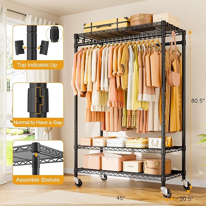 P7 Rolling Clothes Rack, Clothing Racks for Hanging Clothes, Heavy Duty Garment Rack with Wheels, 3 Tiers Freestanding Portable Closet Rack 45''W × 20.5''D × 80.5''H, Max Load 480 lbs, Black