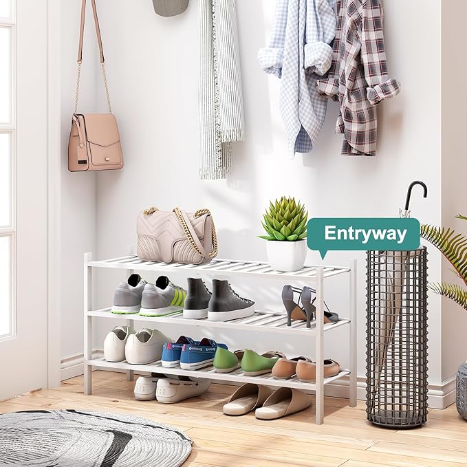 3-Tier Long Shoe Rack, Bamboo Wood Shoe Rack for Closet, Entryway & Hallway, Stackable White Shoe Shelf Storage Organizer for Indoor Outdoor