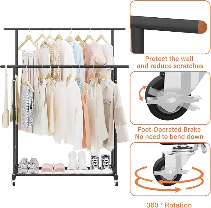 Calmootey Double Rod Clothing Garment Rack,Rolling Hanging Clothes Rack,Portable Clothes Organizer for Bedroom,Living Room,Clothing Store,Black