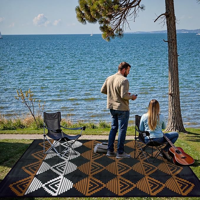 Beeiva Waterproof Outdoor Rug 9x12, Reversible Plastic Straw Outdoor Camping Rugs, Modern Geometric Foldable Patio Mat for Porch, Deck, Backyard, Balcony, Picnic - Black & Brown