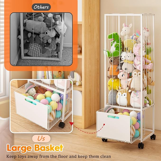 Bukfen Metal Stuffed Animal Storage Zoo Extra Large Stuffed Animal Holder Space Save Toy Organizer PVC with Basket and Wheels for Nursery Playroom Bedroom,D15.75 x W12.68 x H51.18 inch,White