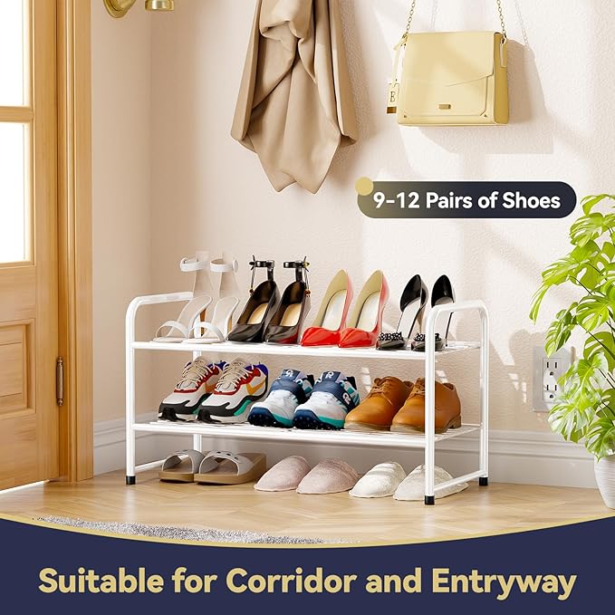2-Tier 27” Wide Shoe Rack for Closet, Metal Stackable Shoe Shelf Organizer, White