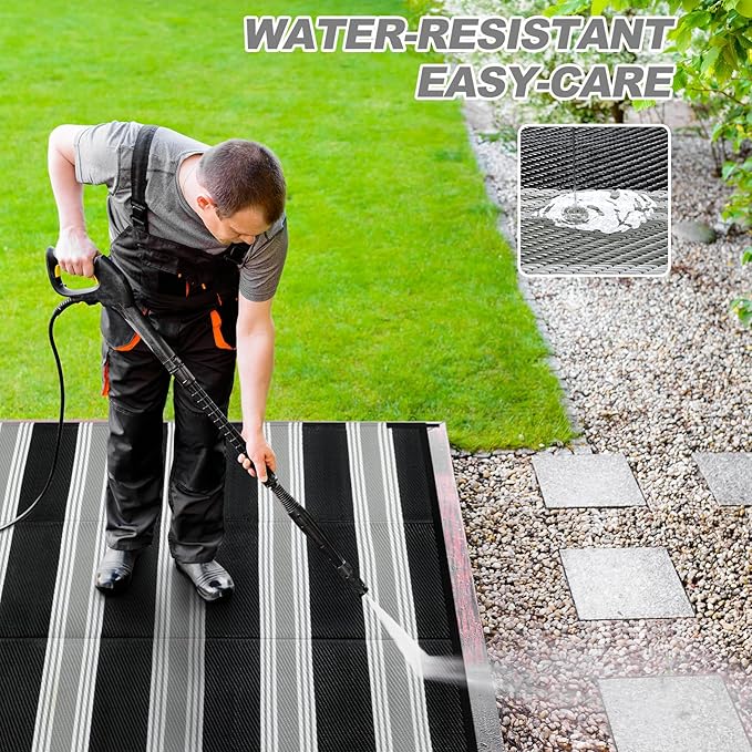 Lahome Striped Outdoor Rug Waterproof, 6x9 Reversible Outdoor Plastic Straw Rug for Camping, RV Patio Rugs Large Carpet for Porch Deck Backyard Balcony Picnic(Black/Grey,6'x 9')