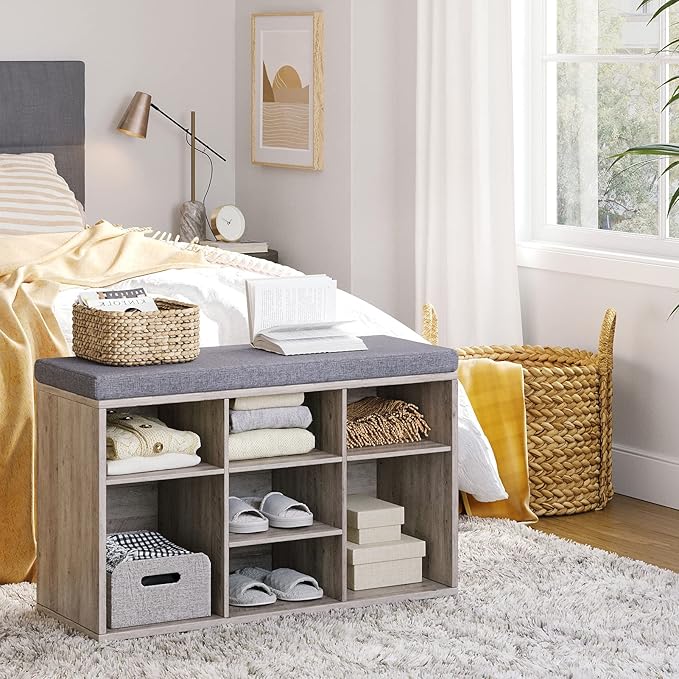 DINZI LVJ Shoe Bench, 9 Cubbies Shoe Organizer for Entryway, Storage Bench with Cushion, Cubby Shoe Rack with Adjustable Shelves for Living Room, Bedroom, Mudroom, Hallway, Greige