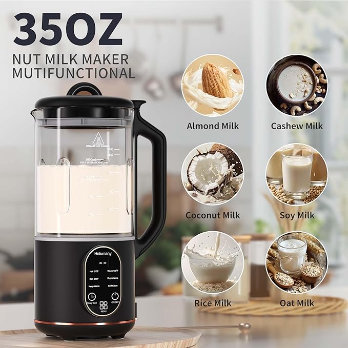 Nut Milk Maker, 35oz Automatic Milk Maker for Homemade Almond, Oat, Soy Milk, Plant-Based Milk and Non-Dairy Beverages, Milk Maker Machine with Delay Start/Keep Warm/Self Clean/Boil Water