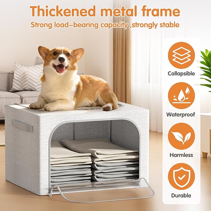 3 Pack Clothes Storage Bins with Metal Frame, Stackable & Foldable Linen Storage Box with Lids, Closet Organizers And Storage For Bedding, Blanket, Sweater, Baby Clothes. (Large 66L)