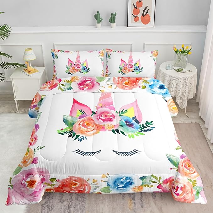 Unicorn Floral Watercolor Flower Comforter Bedding Set for Girls Teens Adults,Colorful Lovely Roses Blooms Print Design Unicorn Bedding Set(Full)