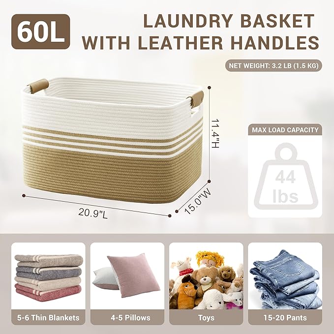 Laundry basket with leather handles for clothes,blankets,pillows,toys, towels,suitable for bedrooms and living rooms,cotton woven laundry hamper,extra large gift basket,(21"x15"x11",Khaki)