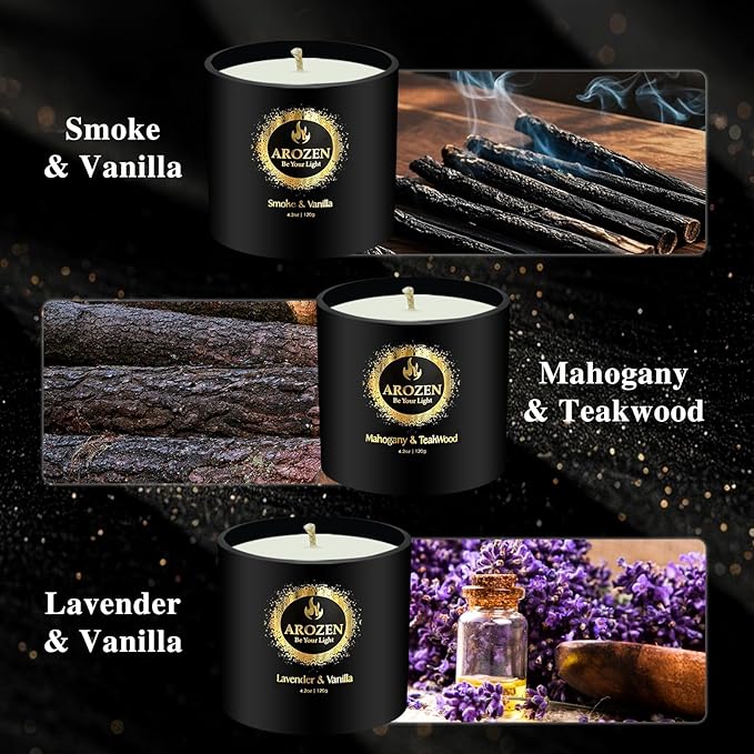 3 Pack Scented Candles Set | Men Candle Gift Set, Aromatherapy Scented Candles for Home, Gifts for Men Dad Fathers Day, Soy Candle of Lavender, Mahogany Teakwood & Smoke Vanilla,70H Burn Time