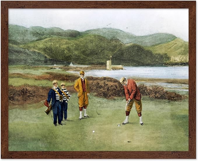 Poster Master The Putting Green Painting Poster - Golf Course Print - Golf Art - River Art - Sports Art - Landscape Art - Father's Day Art - Great Office or Living Room Decor, 11x14 Brown Framed