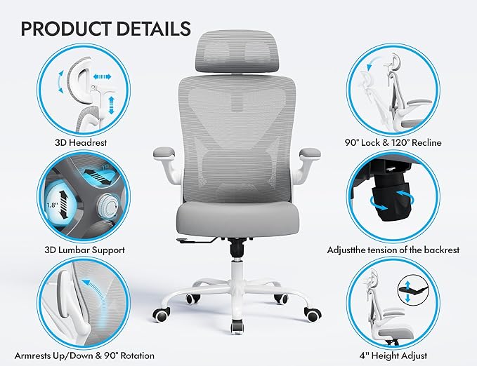Ergonomic Office Chair - X-Shaped Computer Desk Chair Comfy, Gaming Chair, Office Chair with Lumbar Support, Mesh Office Chairs with Headrests, Desk Chair for Long Hours (White Ash)