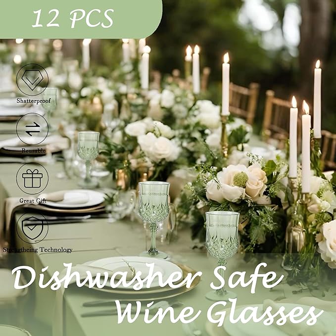 Plastic Wine Glasses，Plastic Goblets Vintage Style Cordial Drinking Glasses for Wedding Reception, Grand Event Party Supplies (12, New Green)