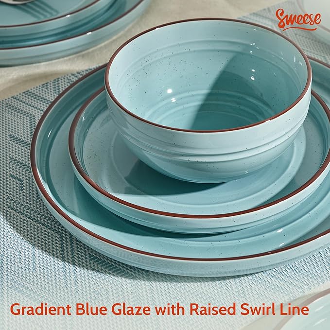 Sweese Plates and Bowls Sets, Porcelain Dinnerware Sets for 6, 18 pcs Handcrafted Glaze Embossed Dinner Set, Scratch Resistant Dishware, Dishwasher Oven Microwave Safe Ceramic Dish Set, Gradient Blue