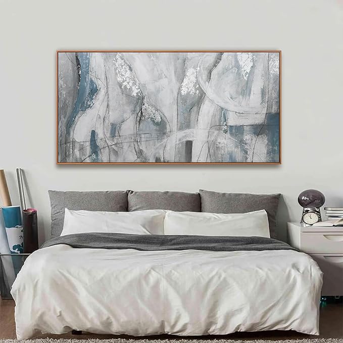 Large Abstract Wall Art For Living Room Hanging Decor Grunge Room Home Wall Decor Silver Blue Canvas Art Wall 29" X 58" With Framed Painting White Wall Art For Bedroom Home Office