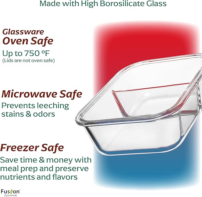 Fusion Gourmet Glass Meal Prep Containers with Lids [8 Pack, 33 oz & 4.5 oz] - 2 Compartment Divided Glass Bento Boxes for Adults, Oven Safe & Airtight