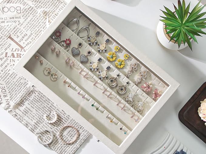Coward Earring Organizer Tray Box, Beige Velvet Earring Jewelry Display Storage Tray Case with Transparent Glass Lid for Home Drawer or Shop Selling