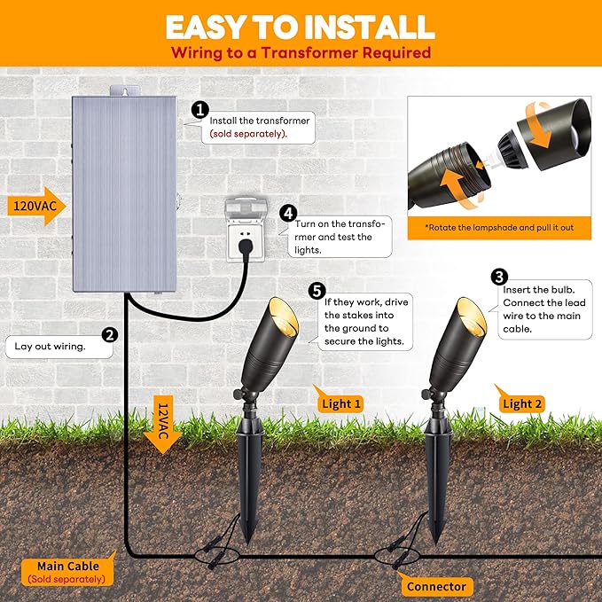 Spot Light Brass - Outdoor Landscape Spotlights LED, 12V Low Voltage Landscaping Uplights Hard-Wired, All Weather Bronze for Backyard Lawn with Warm White Changeable Bulbs (8 Pack)