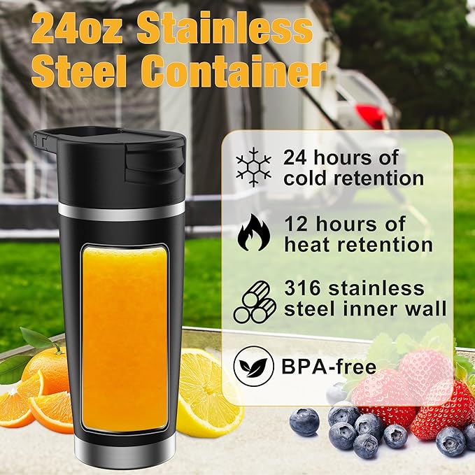 Portable Personal Blender 24oz Vacuum Cup Cordless Blender for 120 Watt Rechargeable Personal Size blender With Stainless Steel Bottle Ideal For-Shakes and Smoothies, BPA Free (Black）