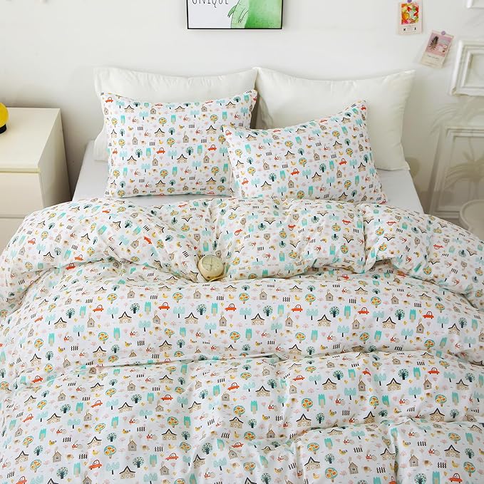 Ivellow Queen Duvet Cover Set Cottage White 100% Cotton Duvet Cover for Kids Cute Bedding Set 3Pcs Ultra Soft Breathable Kids Duvet Cover Patterned Cartoon Comforter Cover Boys Girls Toddler Teen