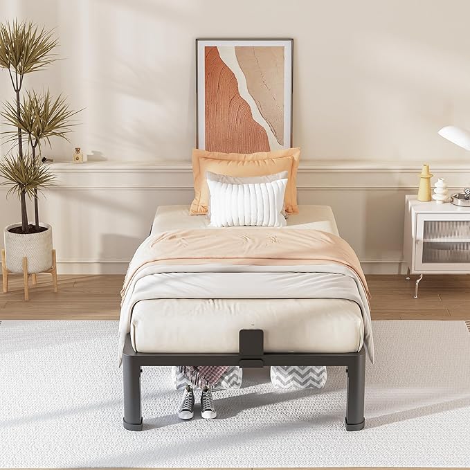 FUIOBYVV 10 Inch Twin XL Bed Frame with Rounded Corner and Headboard Hole Mattress Retainers 3500 LBS Metal Heavy Duty Steel Slats Support No Box Spring Needed Platform Noise Free Easy Assembly