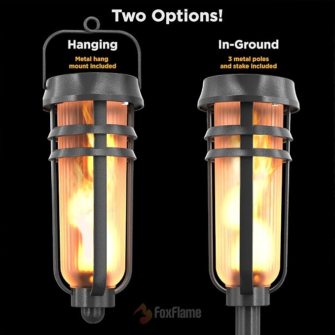 Metal Solar Torch Lights - Adjustable Height (24" - 50"), Outdoor Garden Decor with Patented LED, Waterproof Solar Tiki Torches for Yard, Patio, Garden Pathway, Matte Black – 1 Pack