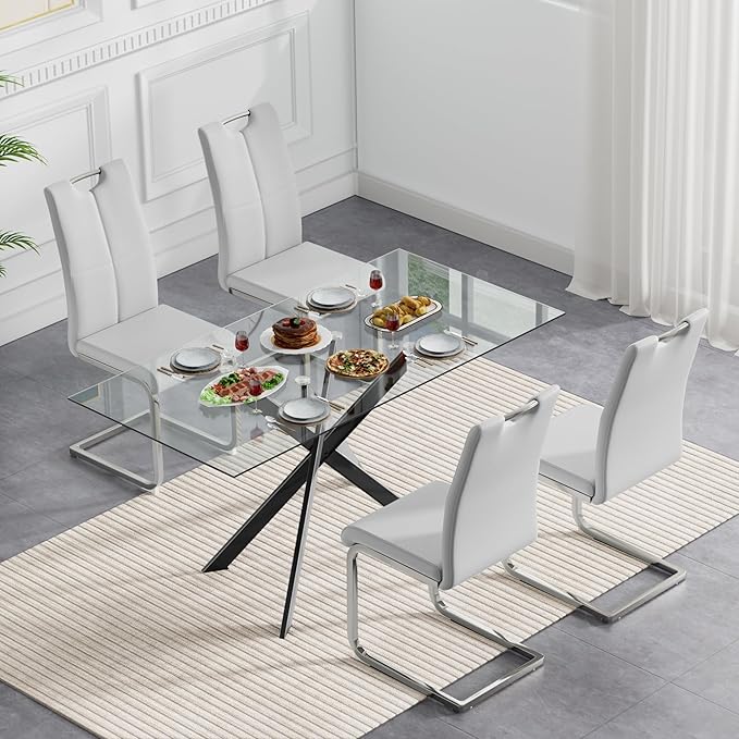 Modern Glass Dining Table Set for 4, Black Glass Kitchen Table and Chairs Set of 4, 5 Piece Dining Room Table Set with 61" Rectangular Metal Glass Dinner Table and 4 Grey Leather Dining Chairs