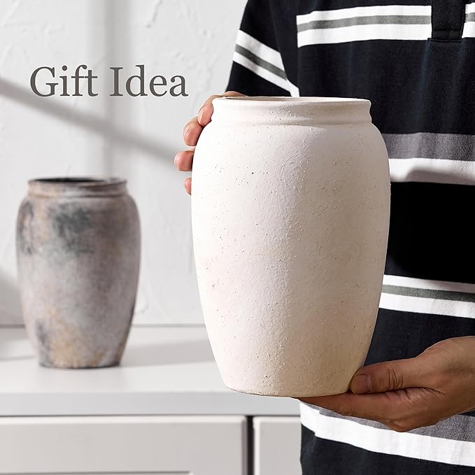 Ceramic Vase, 8.2 Inches Vintage Pottery White Vases, Rustic Home Decor, Farmhouse Terra Cotta Vase for Living Room, Entryway, Floor, Holiday Wedding Christmas New Year Gifts-Beige