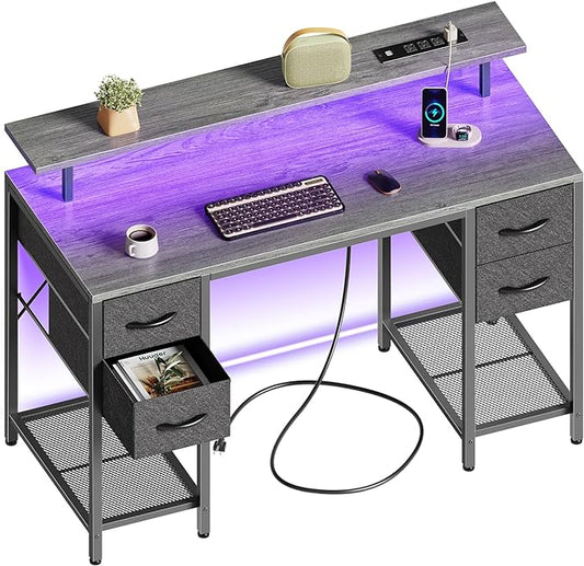 Huuger 47 inch Computer Desk with 4 Drawers, Gaming Desk with LED Lights & Power Outlets, Home Office Desk with Large Storage Space for Bedroom, Work from Home, Grey