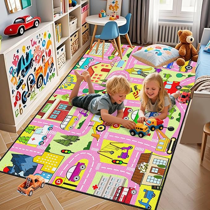 Car Mat for Kids Toy Cars - Car Track Rug Car Carpet for Kids Play Mat City Life Road Carpet for Girls Playroom Living Room Bedroom Classroom, Pink, 3'×5'