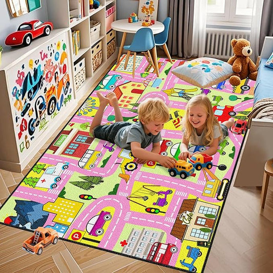 Car Track Rug - Car Rugs for Kids Toy Cars City Life Road Rug Large Kids Play Mat Car Carpet for Boys Girls Playroom Living Room Bedroom Classroom, 5'×7'