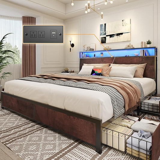 Lifezone King Bed Frame with 2-Tier Storage Headboard, Metal Platform Bed Frame with 4 Storage Drawers, Built in Charging Station & LED, Noise-Free/Metal Support/No Box Spring Needed, Coffee Brown