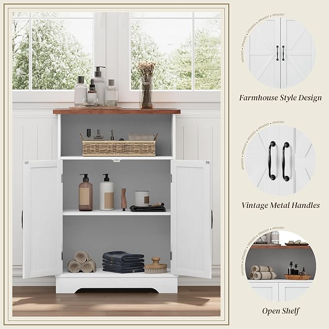 Smuxee Freestanding Cabinet Organizer, Farmhouse Style with Barn Door and Adjustable Shelf, White, for Bathroom, Kitchen, Living Room