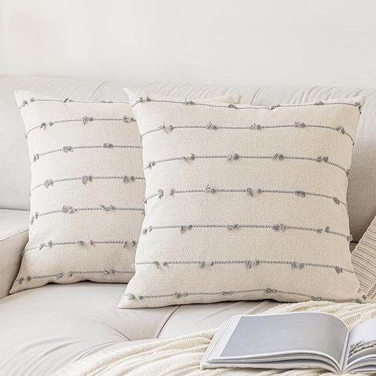 Boho Throw Pillow Covers 24x24 Set of 2 Modern Farmhouse Decorative Cushion Case Tufted Square Pillows Cover Neutral Pillow Cases Accent Pillowcase for Sofa,Couch,Bed,Beige and Grey