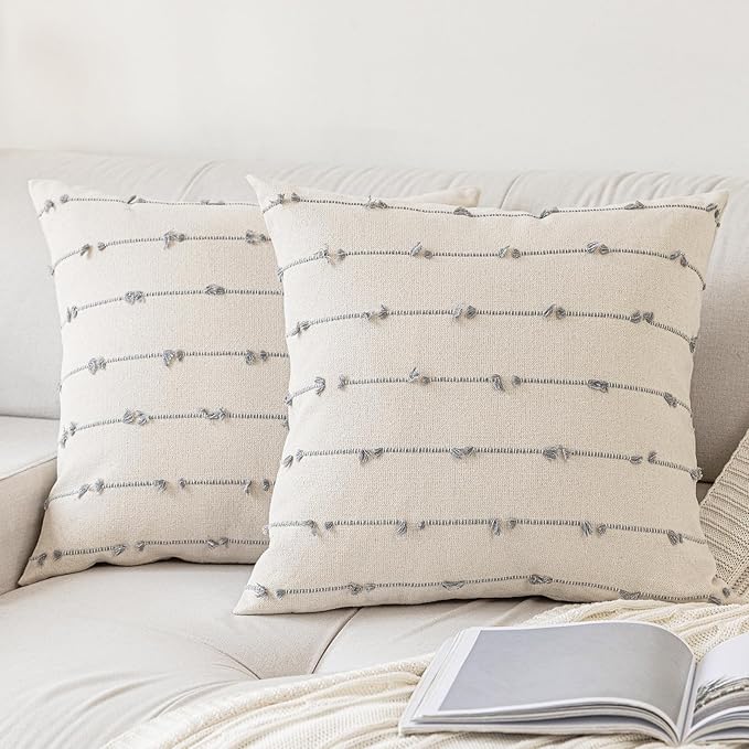 Boho Throw Pillow Covers 26x26 Set of 2 Modern Farmhouse Decorative Cushion Case Tufted Square Pillows Cover Neutral Pillow Cases Accent Pillowcase for Sofa,Couch,Bed,Beige and Grey