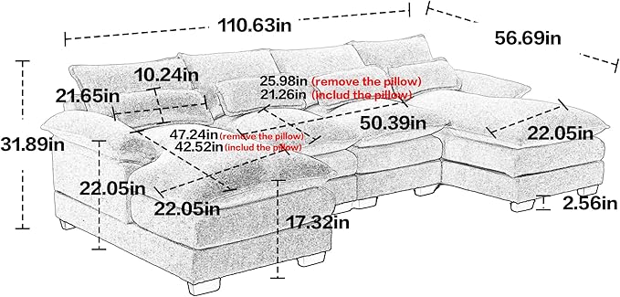 KEIKI 111" L-Shaped Chenille Modular Sectional Chenille Sofa with 2 Chaise Lounge & Memory Foam Cushion, Upholstered Modern Oversized 4-Seater Couch, Easy Assembly, for Apartment, Living Room, Gray