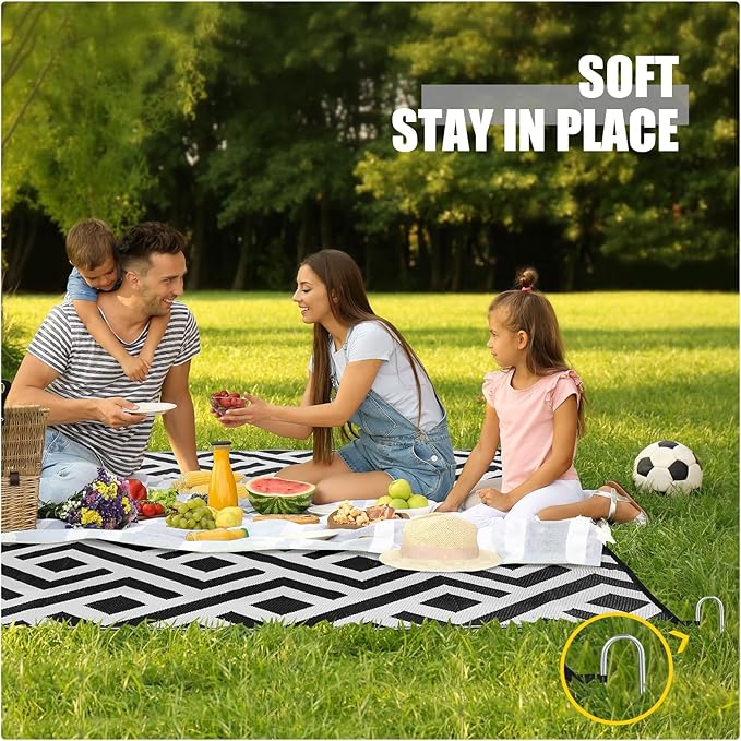 Terrug Outdoor Rug Waterproof 9x12 Ft, Foldable Outdoor Plastic Straw Rug, UV Reversible Patio Rug Decor, Outdoor Area Rug for Camping, RV, Porch, Deck, Backyard, Balcony, Picnic, Black & Light Grey