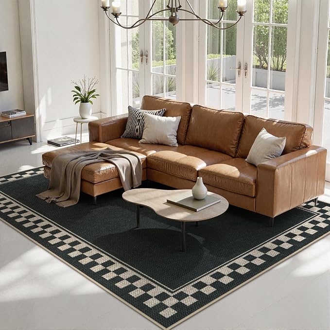 OJIA Easy Jute Area Rug 8x10, Large Outdoor Patio Rugs Washable Rugs for Living Room Checkered Border Farmhouse Indoor Outdoor Carpet Modern Non-Slip Black Rug for Bedroom Backyard Office Decor