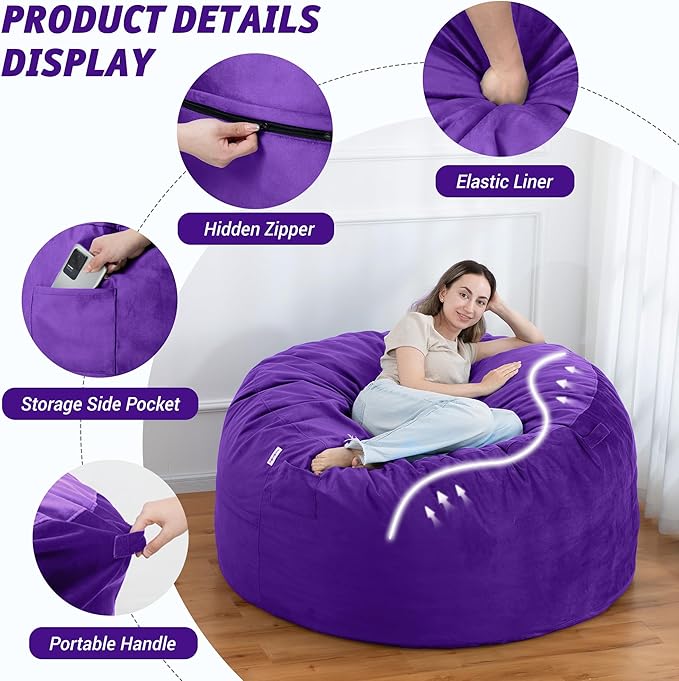 5FT Bean Bag Chair with Ultra Soft Velvet Cover Bean Bag Sofa with Memory Foam Bean Bag Chairs with Large Size Lazy Sofa for Dorm Office Living Room Bedroom Purple 5'